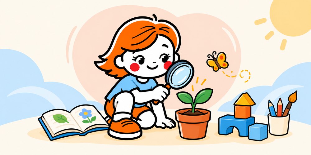 插画:用放大镜观察小树苗的小女孩